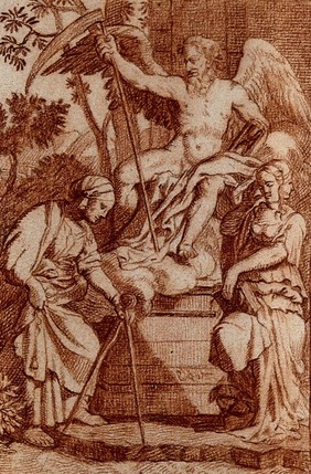 A seated figure of Time holding a scythe and an hourglass with a female figure of Geometry holding dividers and a female figure resting a book on her knee. Red chalk drawing.