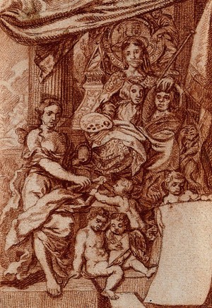 view A seated female figure with bound mouth holding a palette and a mahl stick and supporting an oval male portrait, with a second female figure handing a pair of dividers to a boy, with other boys drawing and supporting a blank sheet. Red chalk drawing.