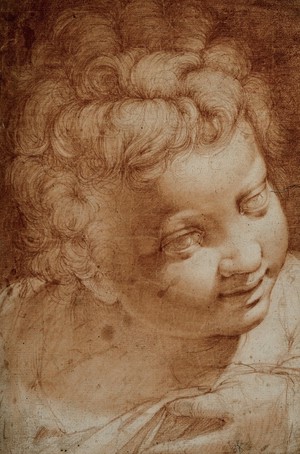 view Head of a child. Red chalk drawing.