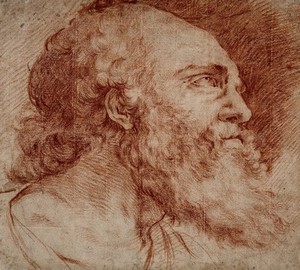 view Head of a bearded man looking up. Red chalk drawing.