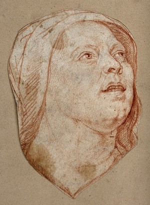 view Head of a woman looking up. Red chalk drawing.