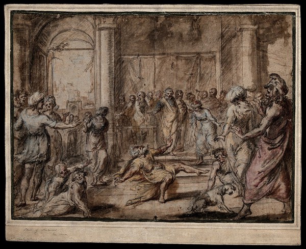 The death of Ananias: an elderly bearded man falling to the ground before a large crowd of onlookers. Pen and ink drawing attributed to F. Montelatici (Cecco Bravo).