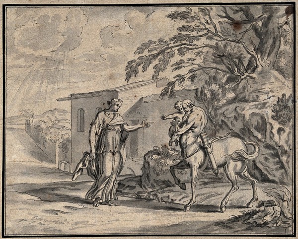 The infant Achilles being entrusted to Chiron the centaur by his mother Thetis. Pen and ink drawing.