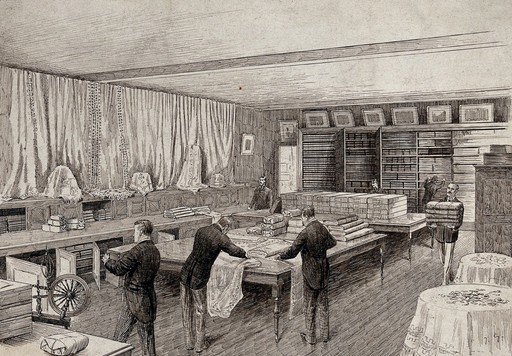 The interior of a draper's shop with figures carrying and measuring cloth. Pen and ink drawing.