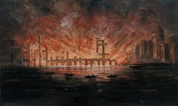 A burning building seen from the water at night. Gouache drawing.