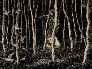 view A princess walking in a forest with birds. Pen and ink drawing by H. Macfall.