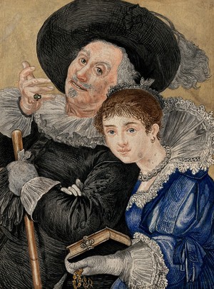 view A man and a woman in seventeenth century costume. Gouache drawing.