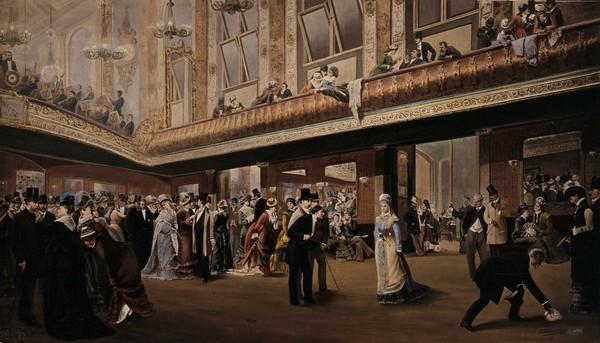 A large gathering inside a galleried ballroom. Tinted photograph after a painting by J.C. Wake, 1878.