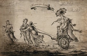 view The triumph of love: Cupid and a young woman being drawn in a chariot by two women while a third scatters roses before them. Watercolour by J.G. Steiner, 1789.