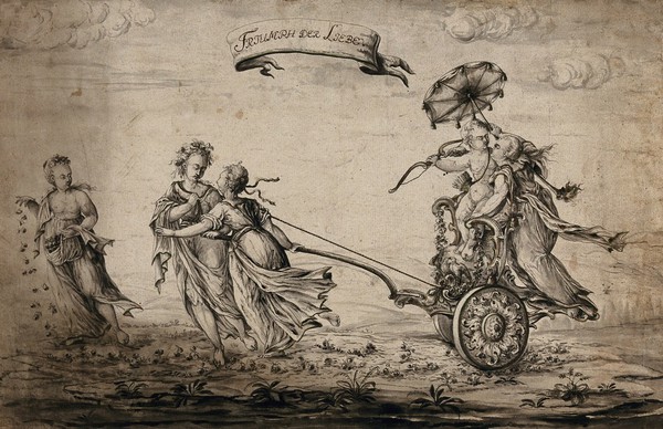 The triumph of love: Cupid and a young woman being drawn in a chariot by two women while a third scatters roses before them. Watercolour by J.G. Steiner, 1789.