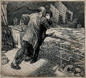 view A Chinese man with a knife trying to kill a young sailor on a ship. Drawing by W. E. Wigfull, 1908.