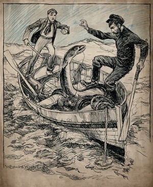 view Two men in a rowing boat are attacked by a giant eel. Drawing by W. E. Wigfull, 1908.