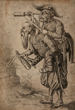 view A Zouave soldier, holding a poison bottle, is carrying on his back Napoleon III, Emperor of the French, who is looking through a telescope. Drawing, 18--.