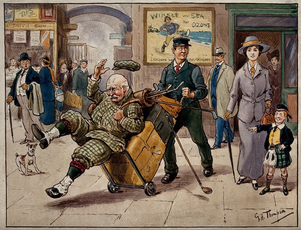 In a railway station, an elderly golfer is knocked down by a luggage porter whose attention has been distracted by a young woman. Watercolour by G.H. Thompson, ca. 1920.