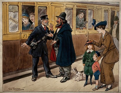 In a railway station, a bearded man who cannot take a seat in the first class carriage is arguing with a ticket controller. Watercolour by G.H. Thompson, ca. 1920.