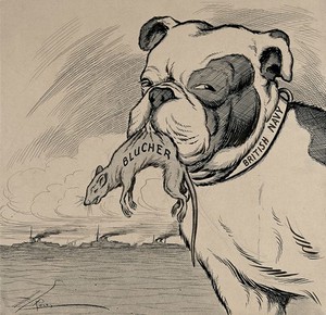 view A British bulldog representing the Royal Navy holds a rat on which is written 'Blucher' in between its teeth; representing the sinking of SMS Blücher by the Royal Navy. Drawing by A.G. Racey, 1915.