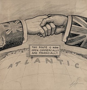view A handshake between Canada and the United Kingdom over the Atlantic. Drawing by A.G. Racey, 191-.