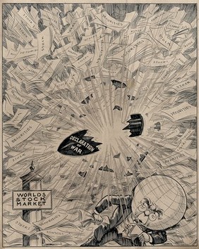 A bomb inscribed 'Declaration of war' is exploding over the world's stock markets and destabilising stocks and shares. Drawing by A.G. Racey, 191-.