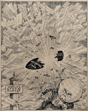 view A bomb inscribed 'Declaration of war' is exploding over the world's stock markets and destabilising stocks and shares. Drawing by A.G. Racey, 191-.