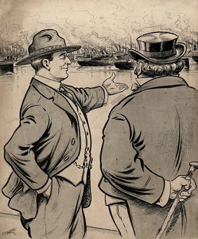 A man personifying Canada is showing a fleet of ships to John Bull. Drawing by A.G. Racey, 191-.