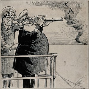 view The captain of a ship is looking through a telescope at an approaching hurricane on which is inscribed 'Talks' ; a naval officer is standing beside him. Drawing by A.G. Racey, 191-.
