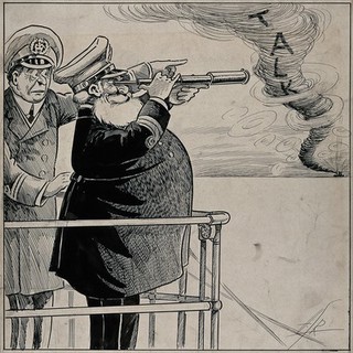 The captain of a ship is looking through a telescope at an approaching hurricane on which is inscribed 'Talks' ; a naval officer is standing beside him. Drawing by A.G. Racey, 191-.