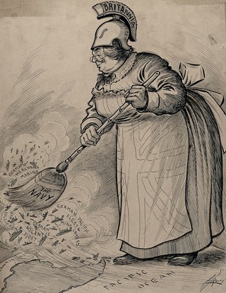 A stout lady holding a broom inscribed 'the Navy' and wearing a helmet inscribed 'Britannia' is sweeping German merchant ships and warships away from the Atlantic and the Pacific. Drawing by A.G. Racey, 191-.