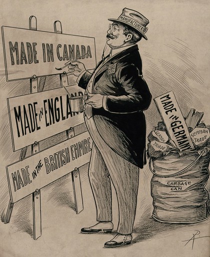 A British manufacturer is painting advertising boards inscribed "Made in Canada", "Made in England" and "Made in the British Empire", while a board saying "Made in Germany" is consigned to a garbage can; representing the embargo on German trade in British territories in World War I. Drawing by A.G. Racey, 191-.