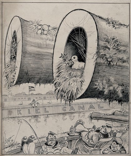 A dove has made its nest in the barrel of a disused gun on the Kiel Canal, while German sailors guarding the canal neglect their duties. Drawing by A.G. Racey, 191-.
