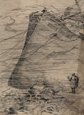 A sunken ship representing German commerce; a bearded skeleton next to it. Drawing by A.G. Racey, 191-.