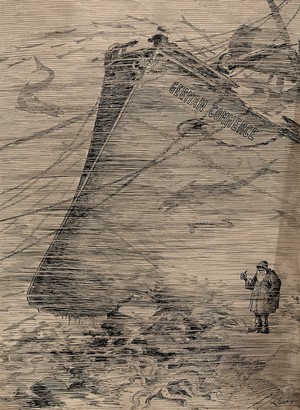 view A sunken ship representing German commerce; a bearded skeleton next to it. Drawing by A.G. Racey, 191-.