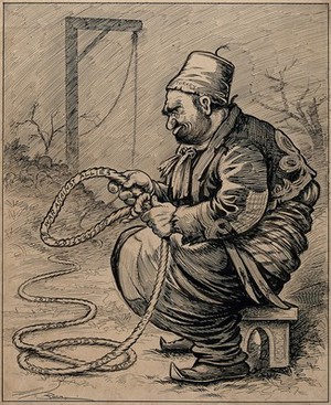view A Turkish man seated on a stool near a gallows prepares a noose inscribed "Declaration of war against the Allies". Drawing by A.G. Racey, 191-.