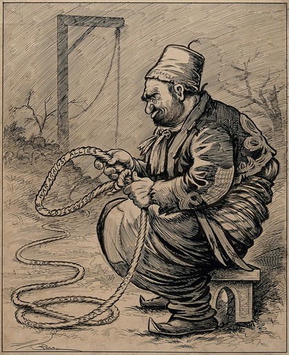 A Turkish man seated on a stool near a gallows prepares a noose inscribed "Declaration of war against the Allies". Drawing by A.G. Racey, 191-.