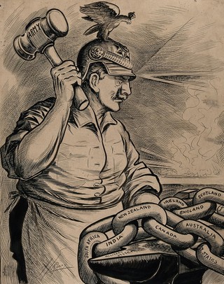 Kaiser Wilhelm II as a blacksmith is hammering chains representing the British Empire, trying to break them. Drawing by A.G. Racey, 191-.