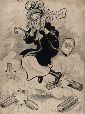 An old lady is startled by exploding bombs on which are written 'Germany', 'France', 'Russia', 'Great Britain' and 'Austria Hungary'. Drawing by A.G. Racey, 191-.