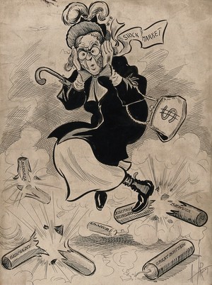 view An old lady is startled by exploding bombs on which are written 'Germany', 'France', 'Russia', 'Great Britain' and 'Austria Hungary'. Drawing by A.G. Racey, 191-.