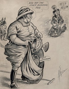 A British polo-player, adding a prize for polo to his prize for golf, casts an envious eye on the America's Cup, which Uncle Sam wants to keep. Drawing by A.G. Racey, 191-.