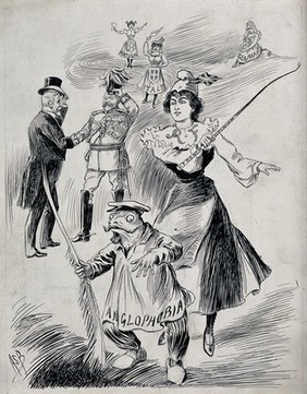 The Entente Cordiale: Marianne (a woman representing France) is chasing away a frog on which is written "Anglophobia"; King Edward VII and President Émile Loubet shaking hands in the background. Ink drawing by A.S. Boyd, ca. 1903.