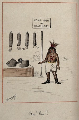 view A cannibal market trader is offering the limbs of missionaries for sale as food. Drawing attributed to Edwin Harcourt Burrage, 18--.