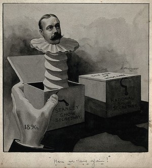 view Two Jack-in-the-box boxes: one opened, showing Jack as the late Lord Randolph Churchill; the other closed, representing the National show secretary. Drawing by E. Fairhurst, 1896.