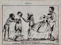 view Sri Lanka: a local cook and another man are straining soup through a pair of breeches into a tureen; their British employers are shocked and the woman faints. Ink drawing, 1859.