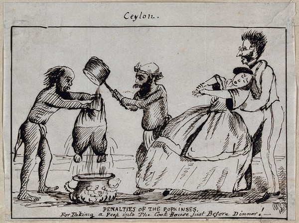 Sri Lanka: a local cook and another man are straining soup through a pair of breeches into a tureen; their British employers are shocked and the woman faints. Ink drawing, 1859.