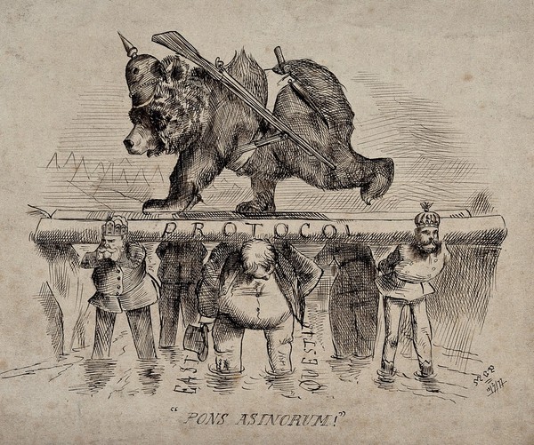 A bear wearing a spiked helmet and a gun is walking over a bridge marked "Protocol" which is supported by rulers of different countries. Drawing by M.C.P. (?), 12 July 1877.
