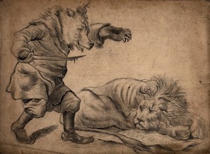view A bear wearing a crown and holding a sword is about to attack a lion lying on a sheet of paper inscribed "Treaty obligation". Pencil drawing.