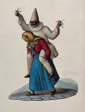 An old woman is carrying a masked pierrot on her shoulders. Watercolour.