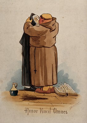 A monk kissing a nun on the mouth; an open book (Bible?), a birch rod and a jug at their feet. Watercolour by M. Anderson (Cynicus).