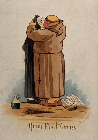 A monk kissing a nun on the mouth; an open book (Bible?), a birch rod and a jug at their feet. Watercolour by M. Anderson (Cynicus).
