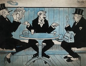 view George Wyndham (centre) sits between A.J. Balfour, Prime Minister and Conservative Party leader (left), and to Henry Campbell-Bannerman, the Liberal Party leader (right), and points to both of them. Drawing by David Wilson, 1905.