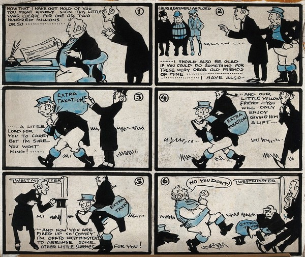 A.J. Balfour as Prime Minister asks John Bull to pay for increasingly costly policies, but eventually John Bull refuses. Drawing by David Wilson, 1905.