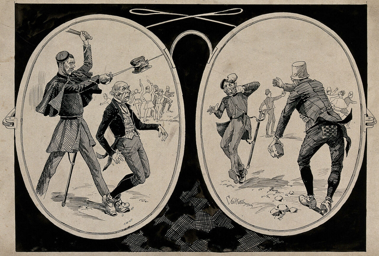 A pair of spectacles: left, a policeman pierces W.E. Gladstone's hat with his sword; right, a man is about to throw a stone at a policeman. Drawing by G. Hutchinson, ca. 1890., 1890, by George Wylie Hutchinson